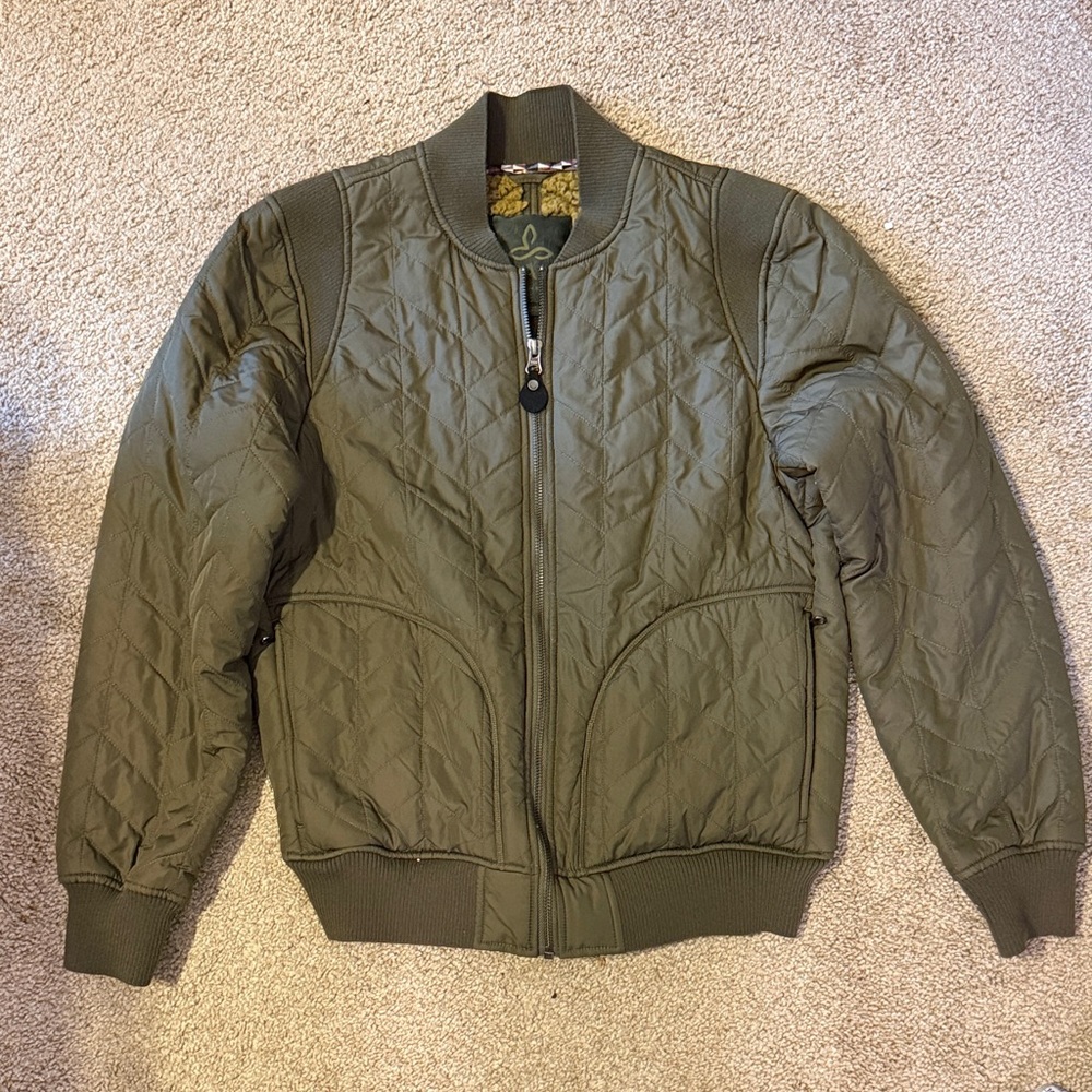 PRANA Forest Green Quilted Bomber “Diva Varsity” Jacket
